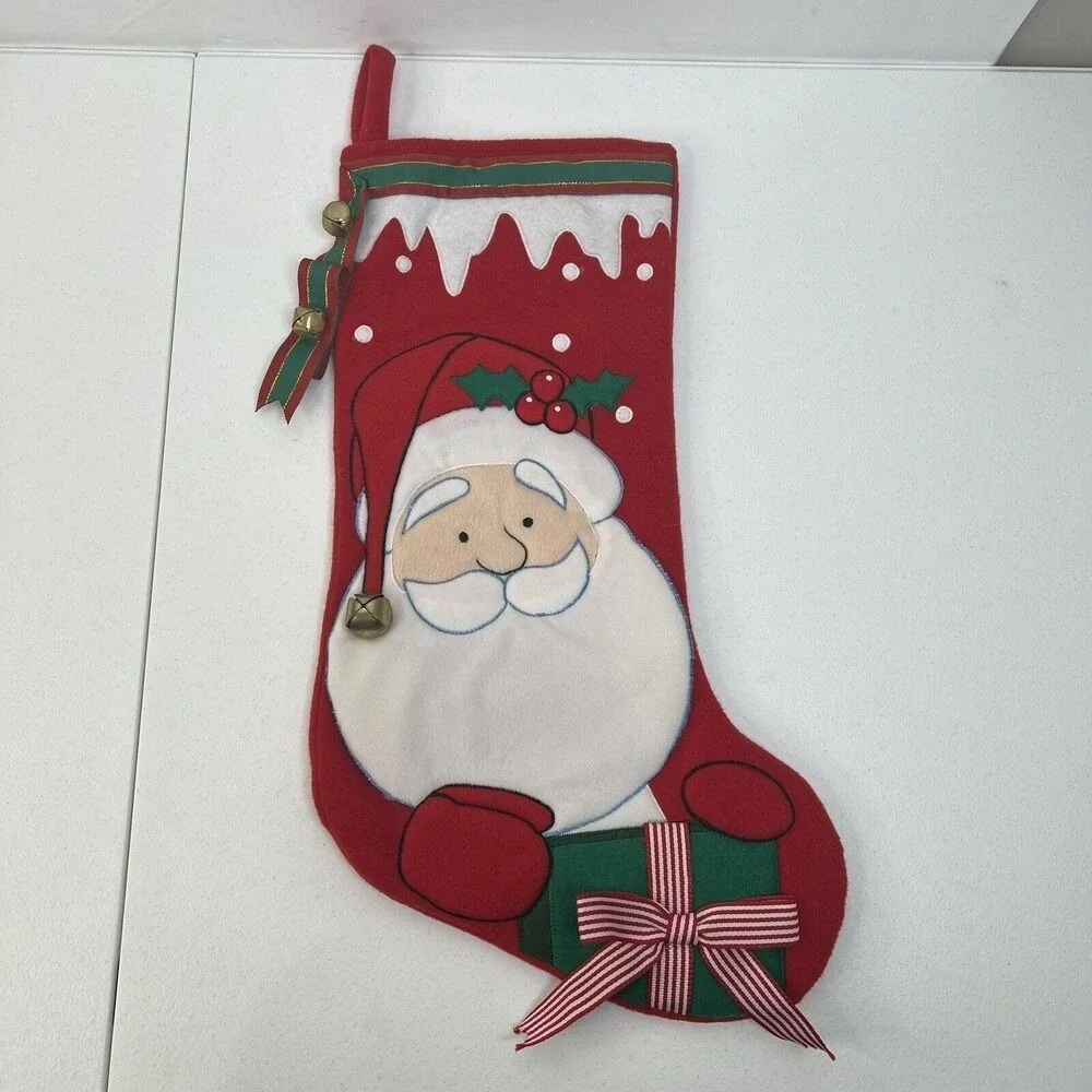 Santa Claus Christmas Stocking‎ Bells Ribbon Red Holiday
